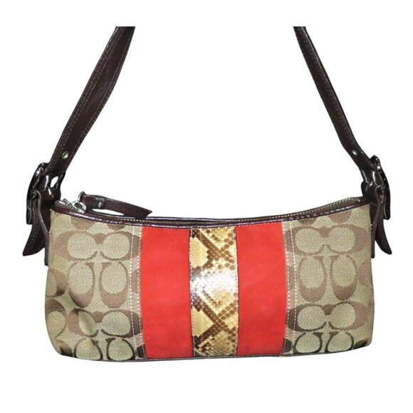 Coach Handbags - COACH 2005 Hampton Signature Jacquard Python & Suede Demi Baguette Barrel Bag